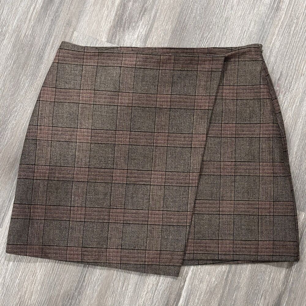 Plaid Wrap Mini Skirt M Brown Gray Asymmetrical Checked Preppy School Girl Style